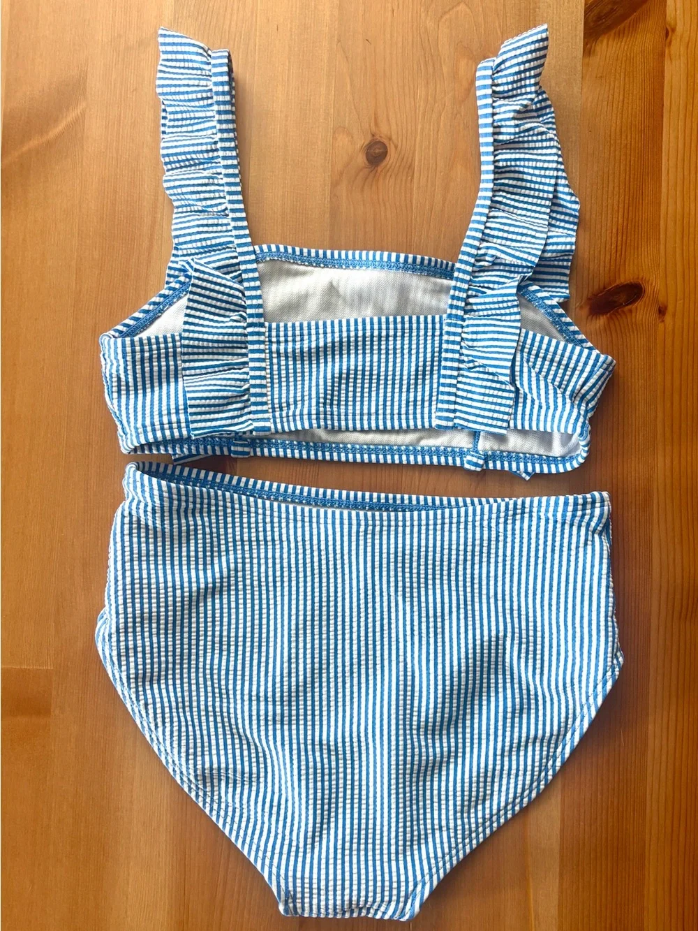 Girls Cat & Jack Blue & White Striped Ruffle Bikini Set.